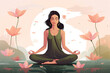 mediating woman in yoga pose on lotus background illustration