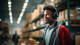 Fototapeta  - African American supervisor holding a cardboard box Young warehouse worker wearing headphones listening to music