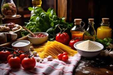 Sticker - delicious pasta on the table with ingredients