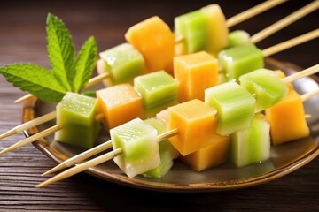 Sticker - bamboo skewer with cubes of cantaloupe and honeydew