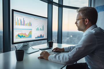 Business man trader big data analyst looking at computer monitor, stock broker analysing indexes, financial chart trading online on screen