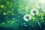 Fototapeta Dmuchawce - Dandelion seeds are blowing in the wind against a vibrant green background, capturing the transient and delicate nature of freedom