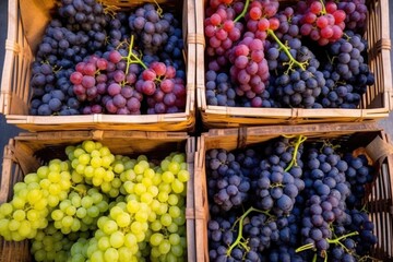 Wall Mural - overhead shot of multiple grape bunches in a basket