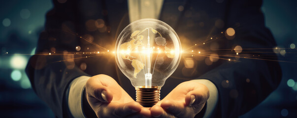 Businessman holding in his hands lightbulb on blue bokeh background , innovation concept.