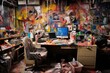 Terrible mess in the artist's workshop or office. Clutter in the  workplace. Messy work environment, stressful business.