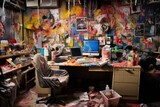 Fototapeta  - Terrible mess in the artist's workshop or office. Clutter in the  workplace. Messy work environment, stressful business.