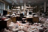 Fototapeta  - Terrible mess in the office. Clutter in the  workplace. Messy work environment, stressful business.