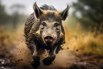 wild hog running in nature with motion blurred background, hog, animal, wildlife, forrest animal