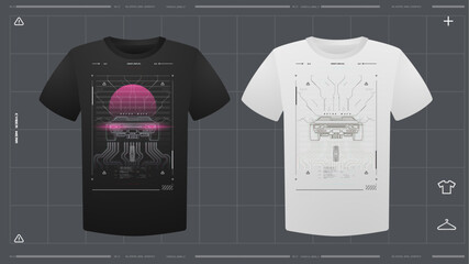 Men's t-shirt with futuristic print mockup. Front view. Vector template. Cyber Hud Design print.