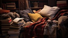 An inviting reading nook with a delightful pile of blankets and cushions. Cozy, relaxation, book lovers, plush, warm, comfort, literary escape. Generated by AI.