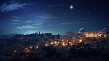 Celestial Enchantment, Bethlehem Skyline, Guiding Star, Christmas Magic, Divine Radiance, Spirituality. Generated By AI.