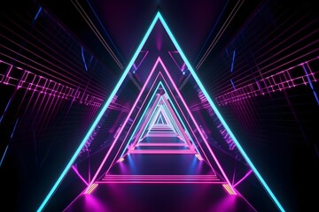 Wall Mural - Triangle neon lights line endless tunnel