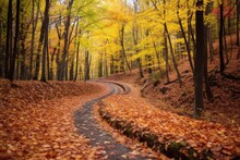 Crunchy Autumn Leaves Covering A Winding Path In A Forest