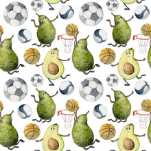 Hand Drawn Watercolor Ball Sports Gear Equipment, Avocado Playing, Soccer Volleyball Basketball. Illustration Isolated Seamless Pattern On White Background. Design Poster, Print, Website, Card, Shop