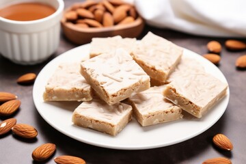 Poster - almond protein bars laid out on a square white plate