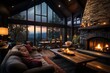 Cozy mountain cabin house with a roaring fireplace, Generative AI