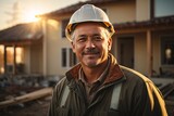 Fototapeta  - Happy master foreman in uniform and helmet watches, controls the construction of the house during autumn sunset with a sun flares in the background. Generative Ai.