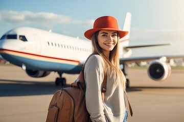 Wall Mural - Departure - young woman at an airport about to board an aircraft on a sunny summer day