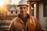 Fototapeta  - Happy master foreman in uniform and helmet watches, controls the construction of the house during autumn sunset with a sun flares in the background. Generative Ai.