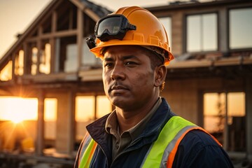 Wall Mural - Happy master foreman in uniform and helmet watches, controls the construction of the house during autumn sunset with a sun flares in the background. Generative Ai.