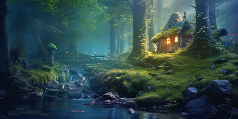 Wall Mural - a small fairy tale house in dark fantasy forest, miniature woodland cottage made by gnomes and troll