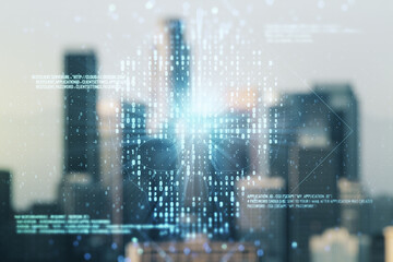 Poster - Abstract virtual code skull illustration on blurry skyline background. Hacking and phishing concept. Multiexposure