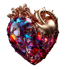 Anatomical of a heart illuminated by golden, neon and leds, neopixel, colorful heart, minimalist. Valentine's Day, Cyberpunk concept. Isolate on white background