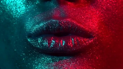 Wall Mural - Fashion model woman kiss lips in bright sparkles, colorful neon lights, beautiful sexy girl lips, mouth. Trendy glowing gold skin make-up. Art design makeup. Glitter metallic shine makeup. 