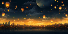  Loy Krathong Banner Background That Showcases The Release Of Khom Loi Lanterns Into The Night Sky.