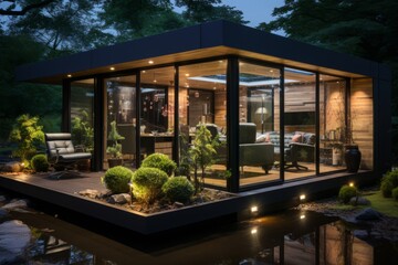 Executive office cabin with a private balcony and garden, Generative AI