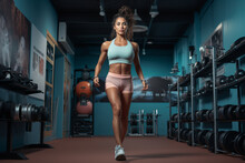 Young Woman Walking In Gym With Weights