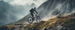 cyclist riding mountain bike. wide banner or panorama photo