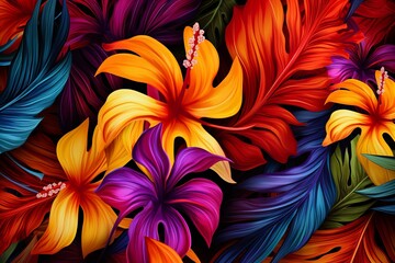 illustration of  jungle leaf pattern Hawaiian hibiscus primary colors, Generative ai