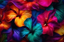 Illustration Of  Jungle Leaf Pattern Hawaiian Hibiscus Primary Colors, Generative Ai