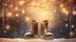 A pair of ice skates, hanging by their laces, with a snowy backdrop and twinkling lights.