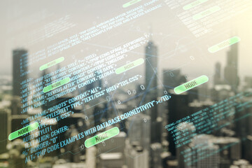 Poster - Multi exposure of abstract graphic coding sketch on blurry skyscrapers background, big data and networking concept