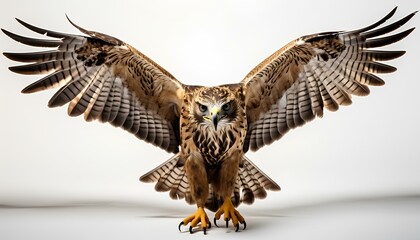 red tailed hawk in flight. Red tailed hawk isolated on white background with shadow. Hawk isolated. Hawk with his wings spread on white background.