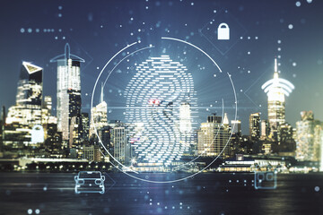Poster - Multi exposure of virtual creative fingerprint hologram on New York city skyscrapers background, personal biometric data concept