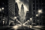 Fototapeta  - Moody monochrome view of cityscape, urban city, historical and classic, black and white