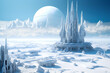 A white alien planet covered in ice, with alien buildings on it