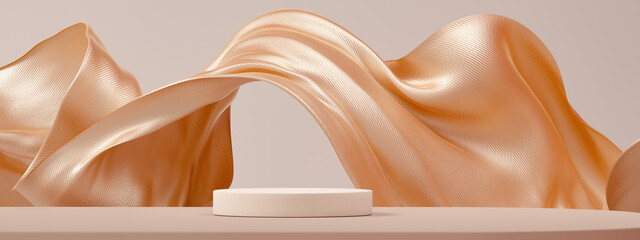 Wall Mural - Luxury background for branding and product presentation. Beige color podium on gold fabric flying wave. 3d rendering illustration.