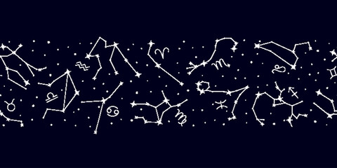 Wall Mural - Zodiac signs constellations on night sky map background. Starry sky, glowing stars seamless pattern. Astrological forecast, horoscope signs, magic endless repeating print vector illustration