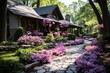 Lush backyard garden in full bloom during spring, Generative AI
