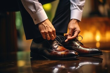 illustration of The grooms wedding shoes being shined to a glossy, Generative ai