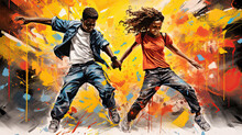 Teenage Black Boy And Girl Dancing Hip Hop Style, Grafitti Background, Illustration
