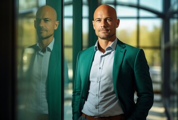 smart business man, dressed up in dark green and brown shirt, standing in front of blue glass windows with a large window behind him, photorealistic portraits