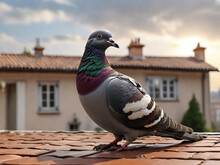 Feral Pigeon On A Roof, Generative Ai Illustration