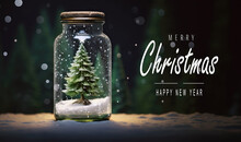 Christmas Tree In Glass Jar Decoration. Merry Christmas And New Year Greeting Card With Text Calligraphic