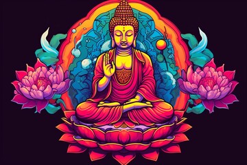 Wall Mural - illustration of vibrant color sticker of the buddha with buddhist, Generative ai