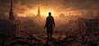 The figure of a man in monastic clothes stands looking at the devastated city against the sunset, with tall buildings and a dome in the center. The concept of wars and destruction.